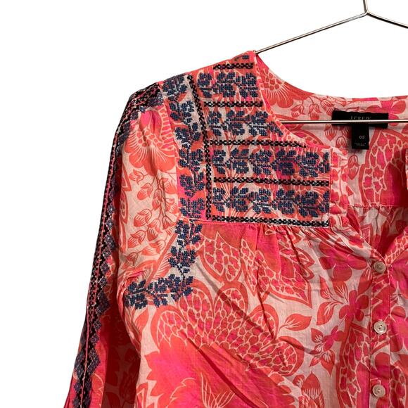 J Crew Pink Floral Blue Embroidered Boho Top 00 - Picture 4 of 7